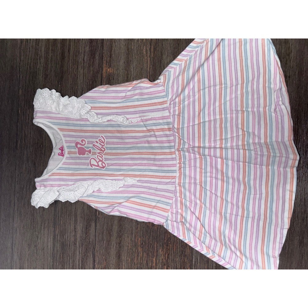 Barbie Girls Striped Dress Pastel Pink Blue Eyelet Lace Logo 5T